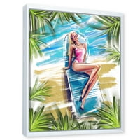 DesignArt 'Portret prekrasan plavokosi model na plaži sunčanja' nautički i obalni uokvireni platno zidni art print
