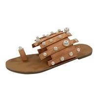 Sandale za žene i djevojke, Ležerne ravne sandale u rimskom stilu s biserima, japanke, PU kožne cipele za plažu