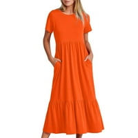 Ženska ljetna ležerna haljina s okruglim vratom s kratkim rukavima jednobojna široka Maksi haljina za plažu s