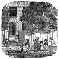 Djeca u ulici, 1835. Na grupa djece u američkom gradu. Graviranje drva, 1835., iz dječjeg temeljnog premaza. Ispis