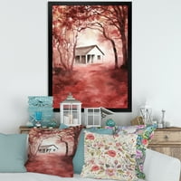 DesignArt 'Crvena jesenska šuma i kuća u divljini' kabina i loža uokvireni umjetnički tisak