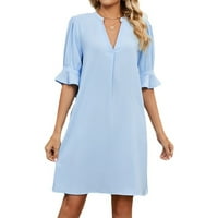 Ljetne haljine za žene, jednobojna haljina srednjeg rukava s izrezom u obliku slova u, nebesko plava-u