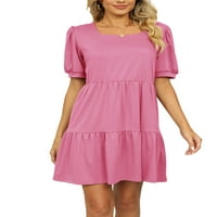 Luxplum Women Mini haljina Ljetna plaža kratki rukavi Sundress Sundress Square Neck haljine Kaftan Party Pink