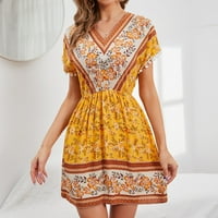 Cvjetna ljetna haljina za žene ležerni Boho duboki izrez u obliku slova u, Kratki rukav, rub s volanima, duge