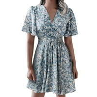 Mini haljine za žene, ljetna haljina s kratkim rukavima i dekolteom u obliku slova U, kratka boho haljina s cvjetnim