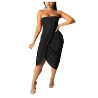 Ženska ljetna haljina srednje duljine s valovitim naborom na prsima od jedne riječi, crna od jedne riječi