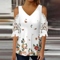 Ženske majice ljetne Ležerne široke bluze s izrezom u obliku slova U i cvjetnim kratkim rukavima, bež majice od