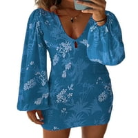Cindysus/ ženske mini-haljine sa V-izrez, kratku haljinu s cvjetnim ispis za zurke, приталенное, Paunovo Plavo