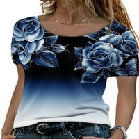 Ženska ležerna bluza s cvjetnim printom u donjem rublju, ljetne majice kratkih rukava u plavoj boji u donjem dijelu