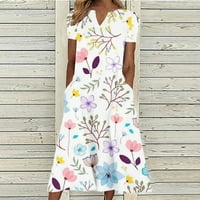 Ženska modna ljetna haljina s izrezom i cvjetnim printom s džepovima i kratkim rukavima, Maksi sundresses