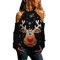 Ženska bluza s poderanim rupama gornji dio ramena božićna bluza s printom Djeda Mraza i Gnoma ulična odjeća