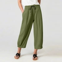 Široke lanene hlače za žene s džepovima, Visoki struk, elastični pojas visokog rasta, Ležerne duge hlače, široke